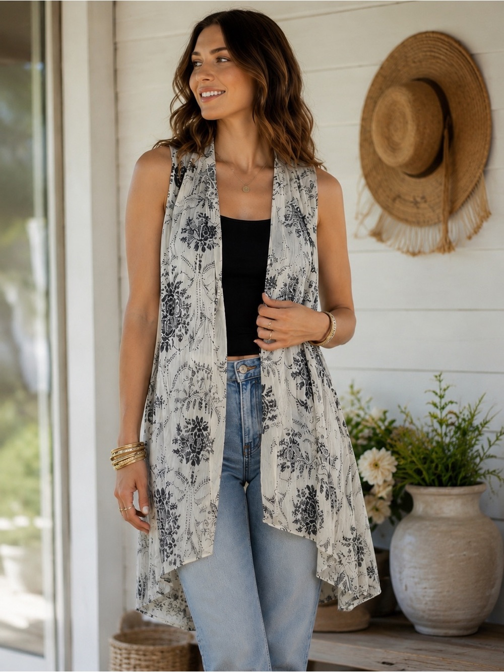Coldwater Creek Cream and Black Floral Sleeveless Open-Front Duster